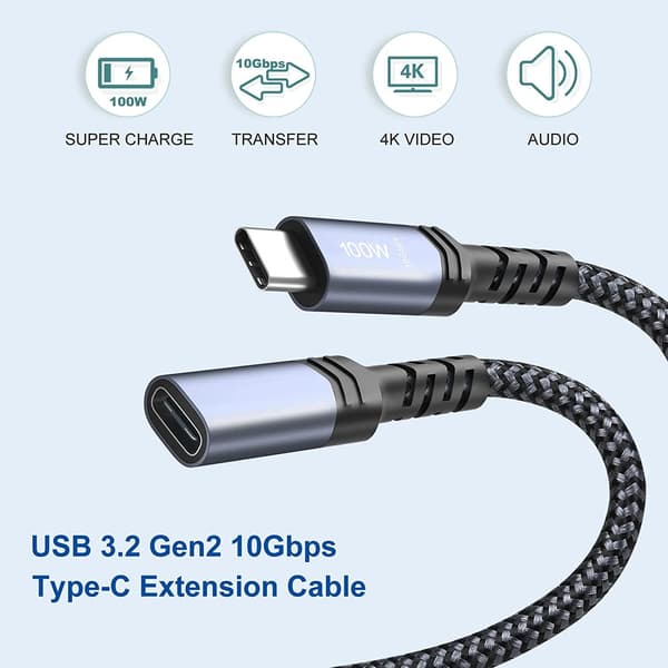 NÖRDIC 1m USB3.2 Gen2 USB-C forlængerkabel han til hun 10Gbps 5A 100W Thunderbolt3 Grey