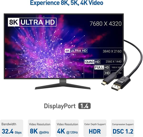 NÖRDIC 1 m USBC–DP 1.4 -kaapeli 8K30Hz 4K120Hz 32.4Gbps Grey