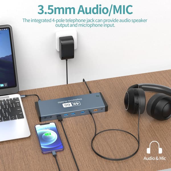 NÖRDIC USB-C DisplayLink Telakointiasema 1–17 Kaksi näyttöä HDMI + DP, 1xUSB-C PD 100W, 1xUSB-C QC, 2xUSB-C, 1xUSB-A QC, 4xUSB-A, 1xGigaLan