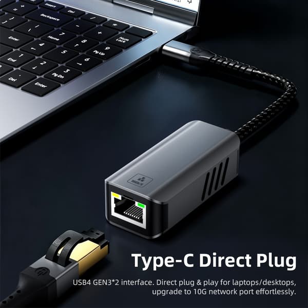 NÖRDIC USB-C til 10Gb Ethernet-adapter, 10GbE USB-C til Ethernet-adapter, kompatibel med USB4 og Thunderbolt 5/4/3, lav varmeudvikling og lydløs drift