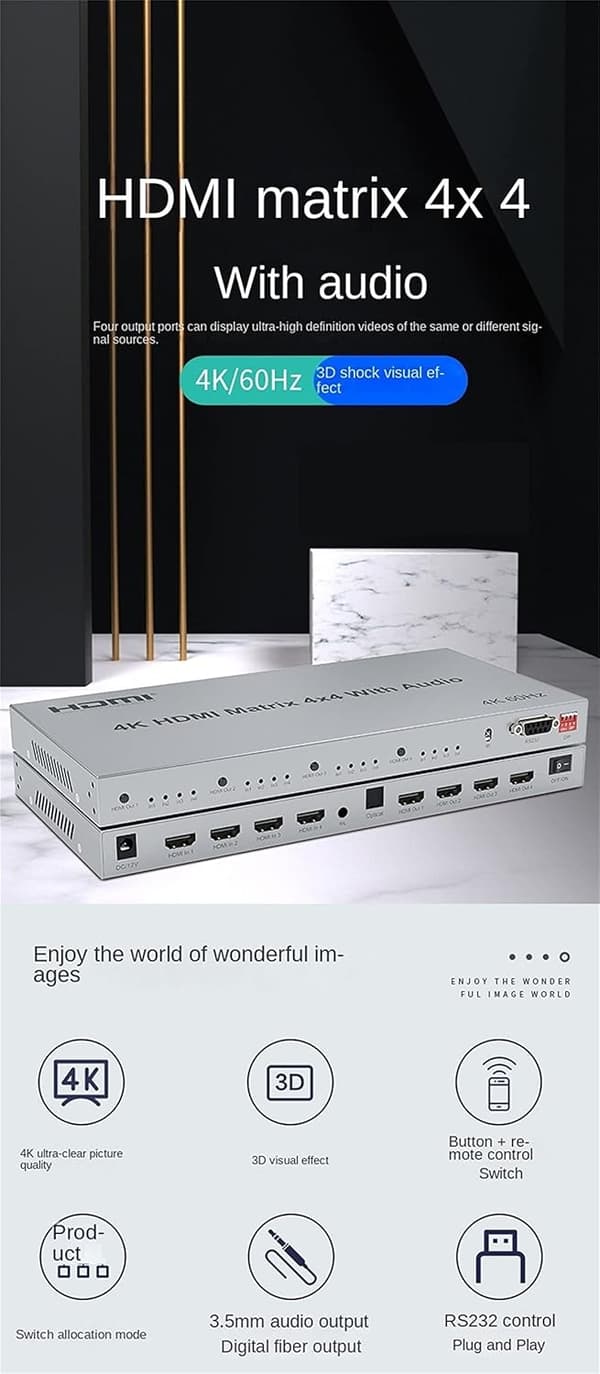 NÖRDIC HDMI Matrix 4x4 switch 4K 60Hz med lydoverførsel