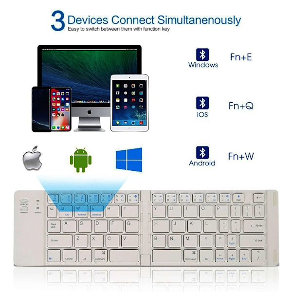 NÖRDIC Vikbart Bluetooth Tangentbord 66 tangenter  US Layout Vit Vit