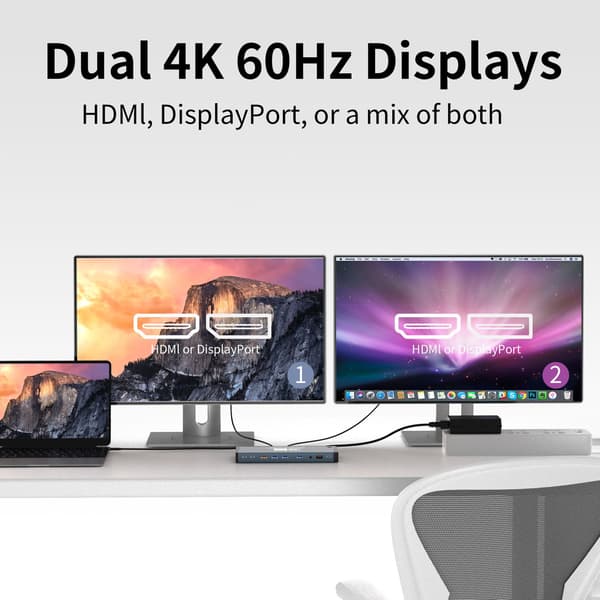 NÖRDIC USB-C DisplayLink Dockningsstation 1 til 17 Dobbelt skærme HDMI + DP, 1xUSB-C PD 100W, 1xUSB-C QC, 2xUSB-C, 1xUSB-A QC, 4xUSB-A, 1xGigaLan