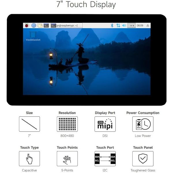 Waveshare 7-tommer touch-skærm til Raspberry Pi 5, 4B, Raspberry Pi 3B+/3B/3A+, CM3/3+/4 og VisionFive2 Core3566, 800 × 480 opløsning med DSI-interfac