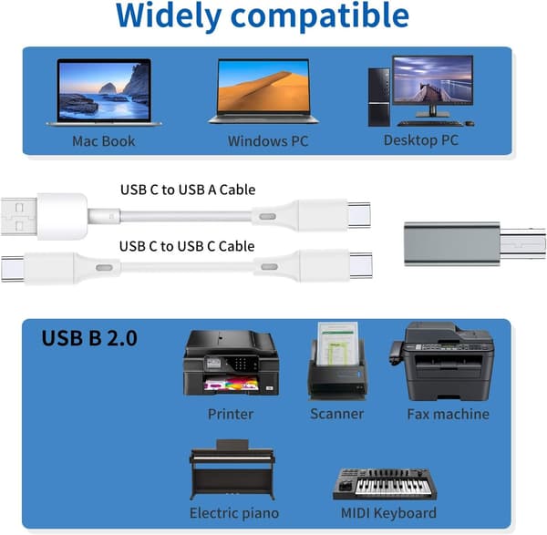 NÖRDIC USB-C - USB B -sovitin tulostimille ja MIDI-laitteille Tukee datan synkronointia