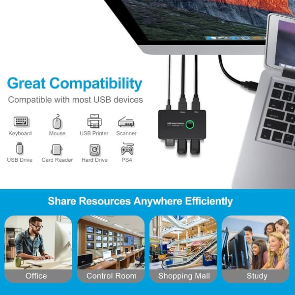 NÖRDIC USB-A Switch 2 tietokonetta neljään USB-A 3.1 5Gbps