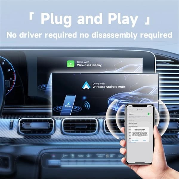 NÖRDIC 2-i-1 trådlös Android CarPlay-dongel, med USB-C-adapter, Plug & Play, WiFi 5,8 GHz, stöder iOS 10+ och Android 11+