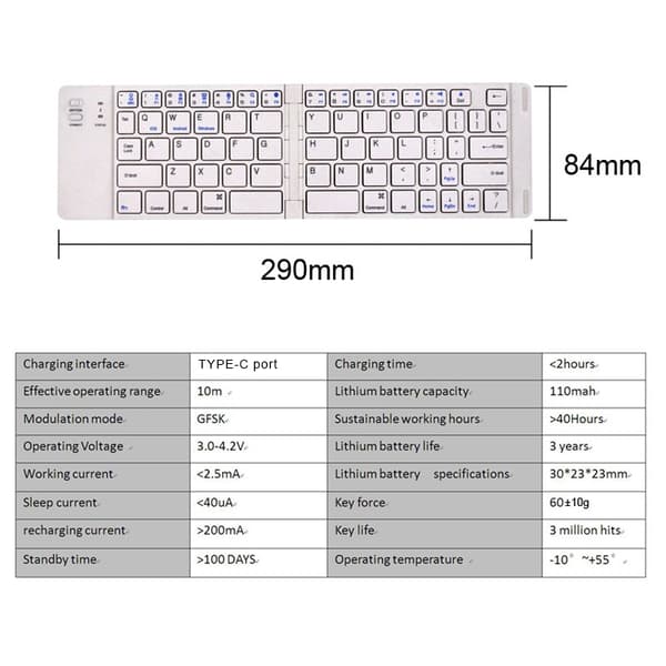 NÖRDIC Foldbart Bluetooth-tastatur 66 taster US Layout Hvid White