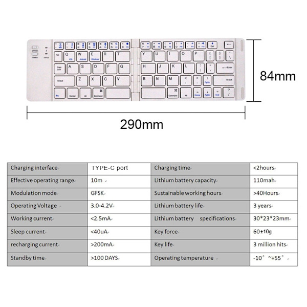 NÖRDIC Vikbart Bluetooth Tangentbord 66 tangenter  US Layout Vit Vit