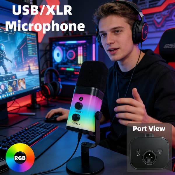 NÖRDIC Professionel RGB-dynamisk mikrofon USB-C, XLR, 3,5mm