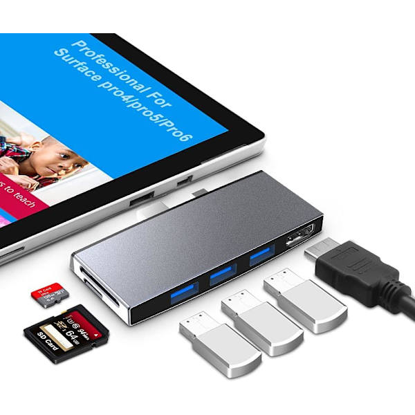 NÖRDIC USB-dockingstation til MicroSoft Surface 1xHDMI4k30Hz 3xUSB-A 5Gbps og 1xTF og 1xSD Silver