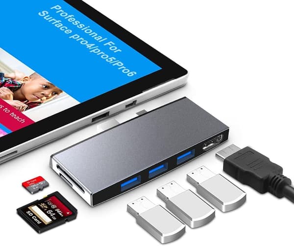 NÖRDIC USB dockningstation för MicroSoft Surface 1xHDMI4k30Hz 3xUSB-A 5Gbps och 1xTF och 1xSD Silver