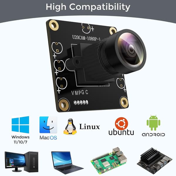 USB 2.0 Kameramodul 1080p 130° vidvinkel til PC, Raspberry Pi, Jetson Nano og SBC