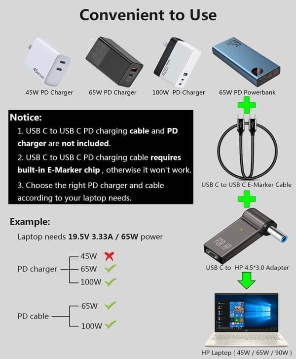 NÖRDIC USB-C til Laptopoplader-adapter, USB-C til DC-stik, 100W PD, DC 4,5×3,0 mm til HP