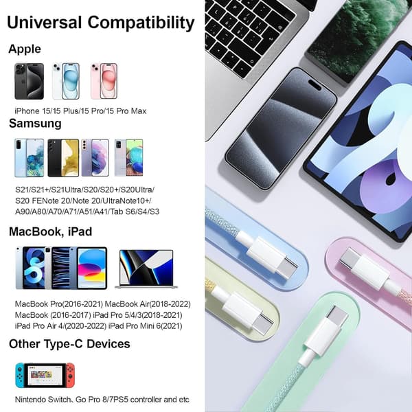 NÖRDIC 1m USB 2.0 USB-C til C-kabel til iPhone 15/15 Pro/15 Plus/15 Pro Max 3A 480Mbps 60W hvid White