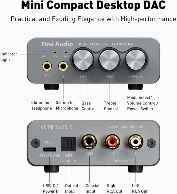 Fosi Audio K5PRO Gaming mini DAC-forstærker til PS5/PC/MAC, USB-C/Optisk/Koaksial til 3,5 mm/RCA Black