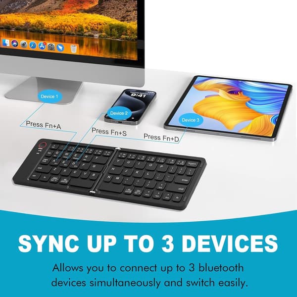 NÖRDIC Foldbart Slim Bluetooth-tastatur i lommestørrelse, kompatibelt med iOS, Android og Windows, til smartphone, tablet, iPad, iPhone og laptop, US-