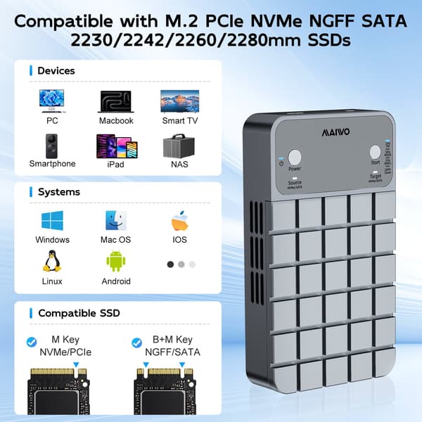 Maiwo K2042P3 Dual Bay RAID-kabinet til M.2 NVMe/SATA SSD med kloning, RAID 0 og RAID 1, USB-C 3.2 Gen2x2 20Gbps