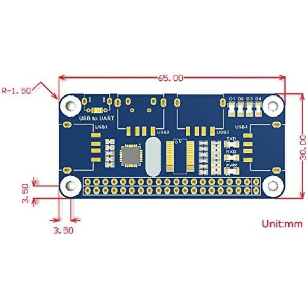 USB HUB HAT med 4 porte til Raspberry Pi Zero/A+/B/B+/2/3 – Understøtter USB-A og seriel fejlfinding via USB til UART