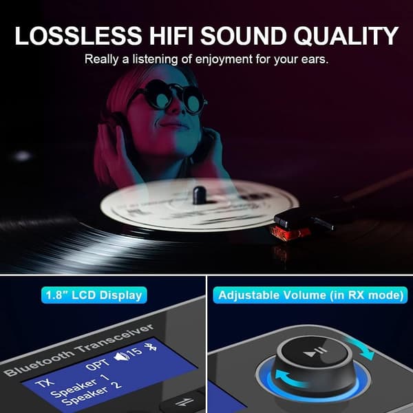 NÖRDIC Bluetooth 5.0 Transmitter Receiver,  Audio Adapter for 2 Headphones Long range Svart