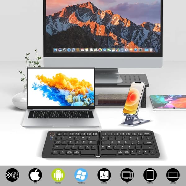 NÖRDIC US-layout Vikbart Slim Bluetooth-tangentbord i fickformat, kompatibelt med iOS, Android och Windows, för smartphone, surfplatta, iPad, iPhone o