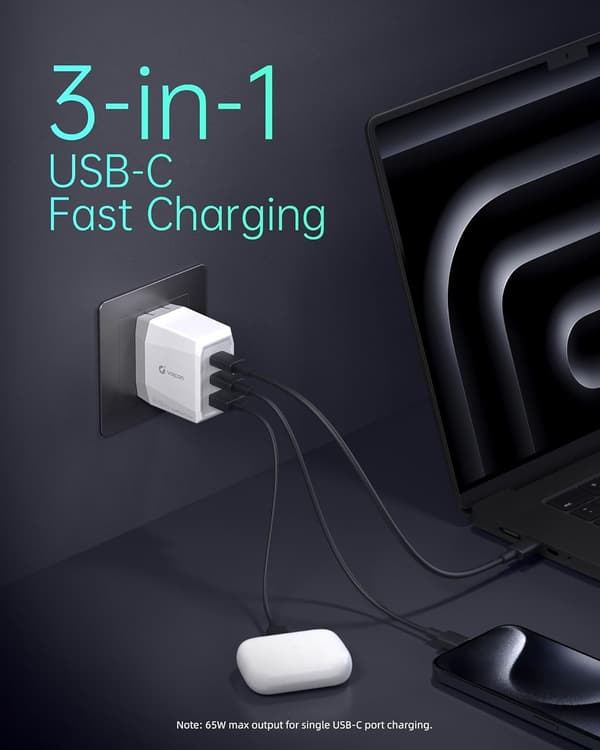 Seinälaturi 2xUSB-C 1xUSB-A 65W PD PPS White
