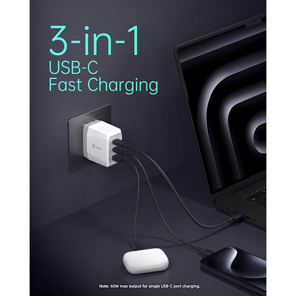 Väggladdare 2xUSB-C 1xUSB-A 65W PD PPS Vit