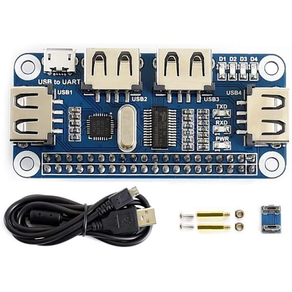 USB HUB HAT med 4 porte til Raspberry Pi Zero/A+/B/B+/2/3 – Understøtter USB-A og seriel fejlfinding via USB til UART