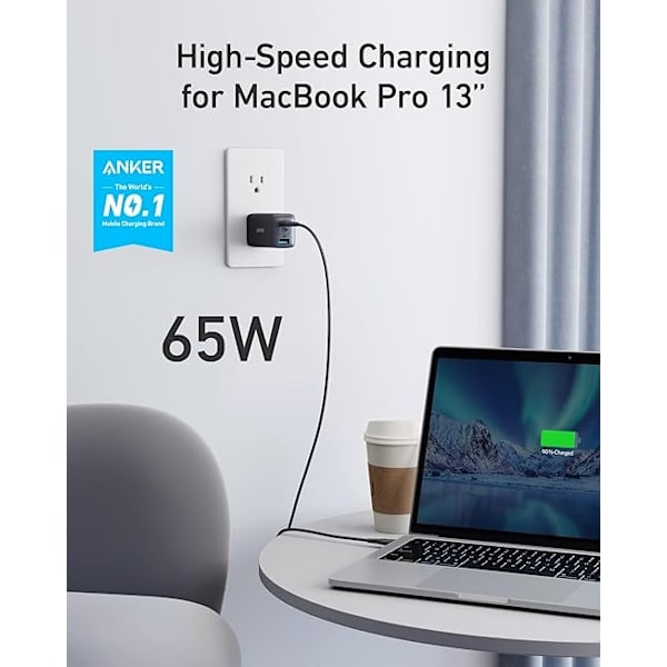 Anker 735 Oplader GaNPrime 65W 1x USB-A 2x USB-C strømadapter