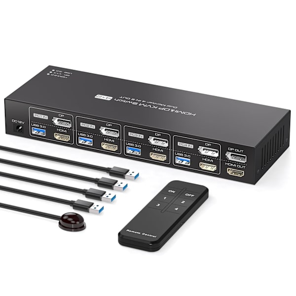 NÖRDIC KVM-switch 4 til 2 DP + HDMI 4K60Hz USB3.0