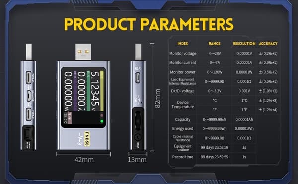 FNIRSI Digital USB tester voltmeter och kabeltestare Silver