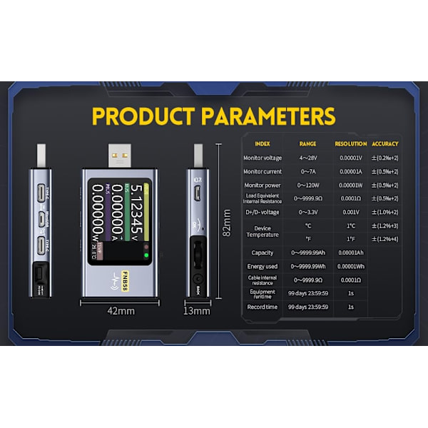FNIRSI Digital USB tester voltmeter og kabeltester Silver