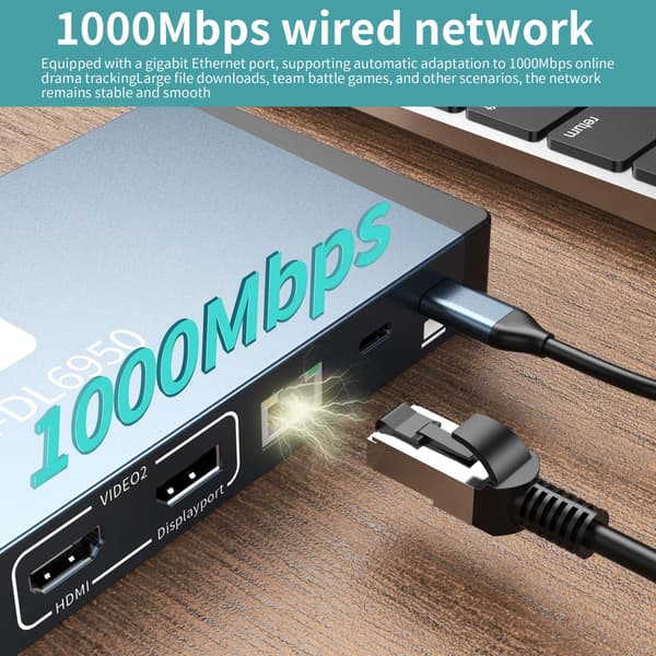 NÖRDIC USB-C DisplayLink Dockningsstation 1 till 17 Dubbla skärmar HDMI + DP, 1xUSB-C PD 100W, 1xUSB-C QC, 2xUSB-C, 1xUSB-A QC, 4xUSB-A, 1xGigaLan