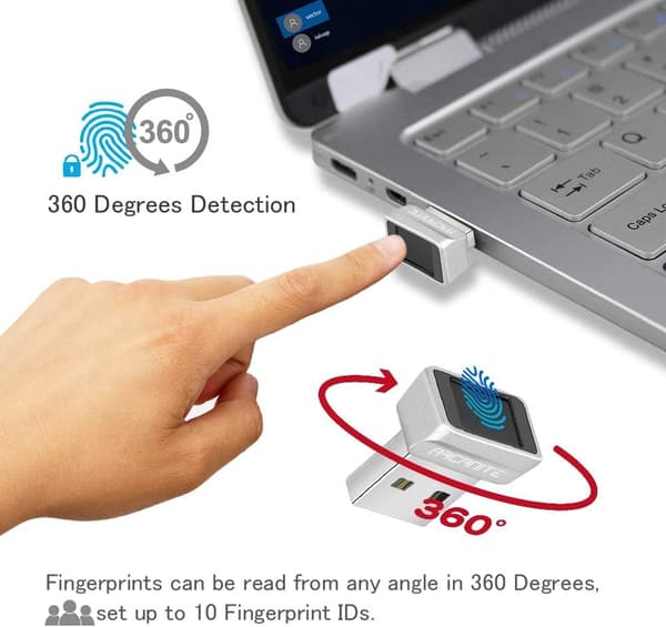 NÖRDIC USB Windows Hello Fingeravtrycksläsare för Windows 11/10, Säkerhetsenhet för inloggning på datorer, Säkerhetslås