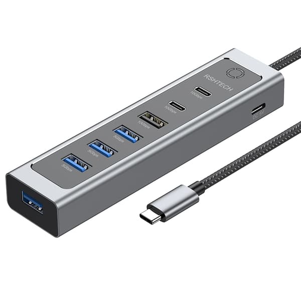 NÖRDIC USB-C Hub 2xUSB-C 10G, 1xUSB-A 10G, 4xUSB-A 5G, 60cm kaapeli