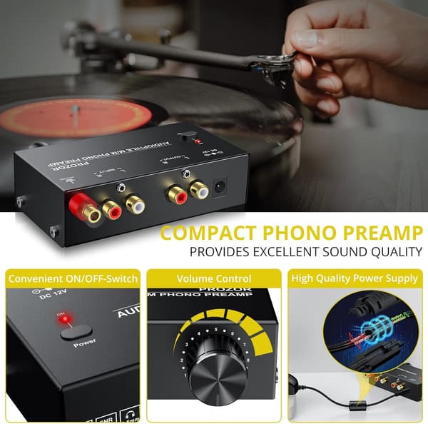 Audiophile M/M Phono preamp with Level Volume Controls 2 RCA and 3.5mm interfaces Svart