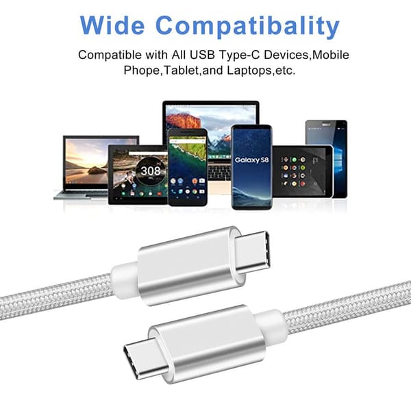 NÖRDIC 2M USB C 3.1 til USB C Nylon Braid Cable Hurtig opladning 3A Gen1 5Gbps Power Delivery PD 60W Hvid Silver