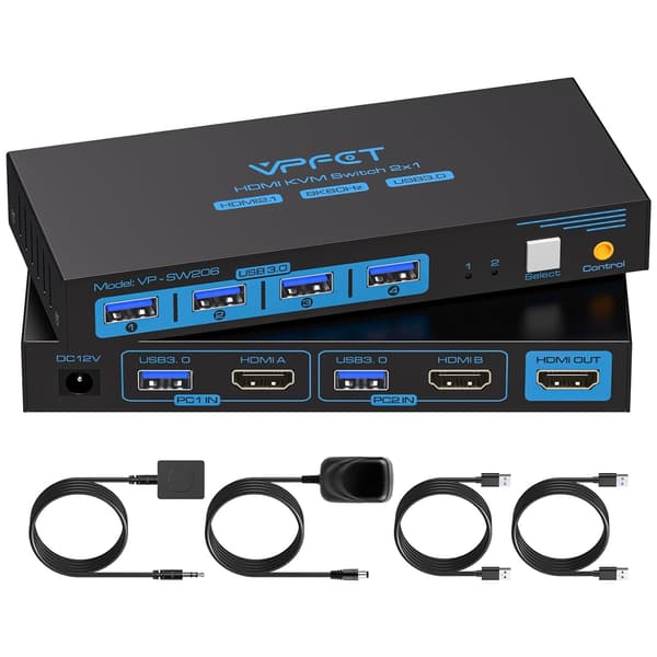 NÖRDIC KVM switch 2 til 1 HDMI til HDMI, 8K60Hz/4K120Hz, 4x USB-A Black