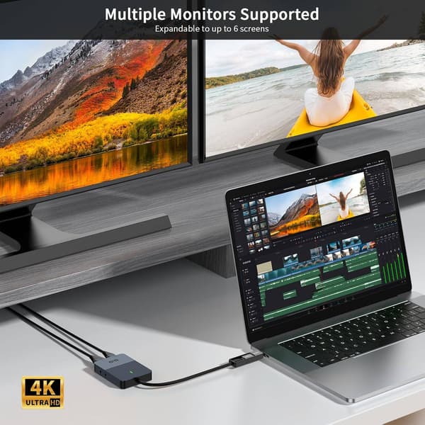 NÖRDIC DisplayLink 1 til 4 dockingstation 2xHDMI 2K@60Hz USB-A & USB-C kompatibel med USB 4, Windows og Mac