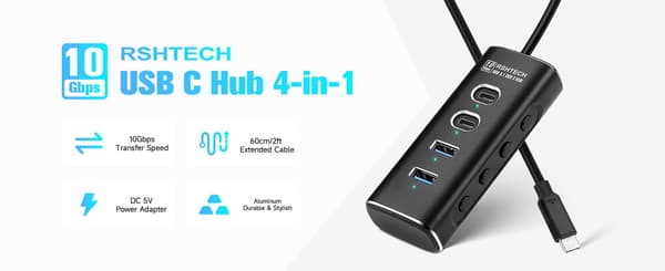 NÖRDIC 4-port Powered USB-C Hub 10Gbps with 2 USB-A & 2 USB-C Data Ports