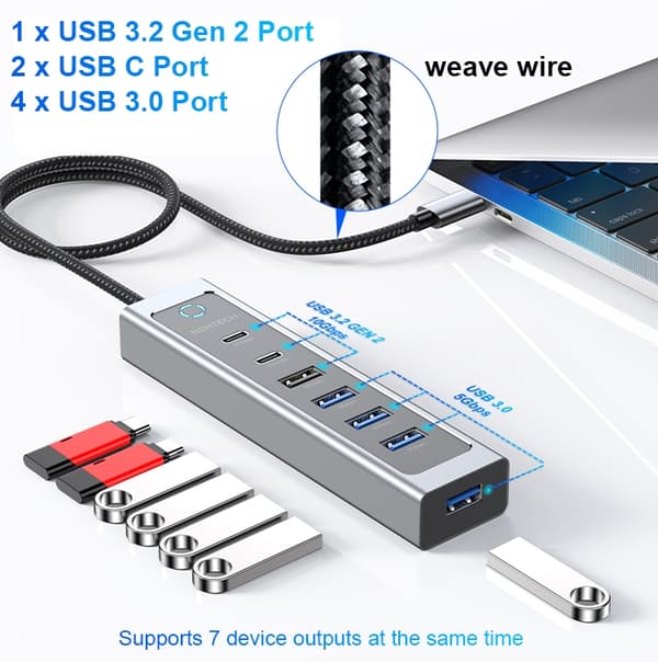 NÖRDIC USB-C Hub 2xUSB-C 10G, 1xUSB-A 10G, 4xUSB-A 5G, 60cm kaapeli