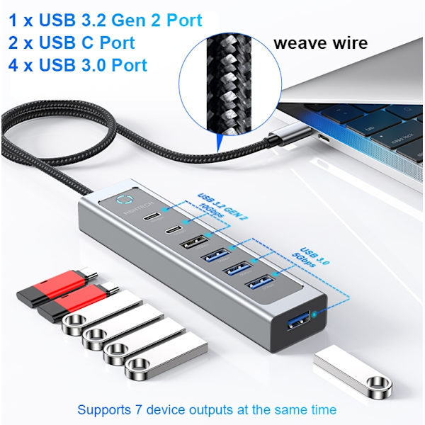 NÖRDIC USB-C Hub 2xUSB-C 10G, 1xUSB-A 10G, 4xUSB-A 5G, 60cm kabel