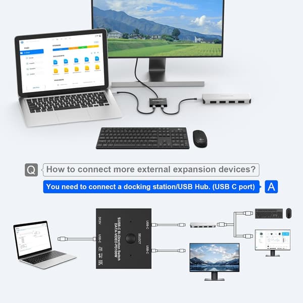 NÖRDIC USB-C 2 til 1 switch & 1 til 2 splitter, 8K/60Hz 4K/144Hz 100WPD 10Gbps Data+Video+PD Black