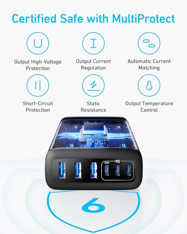 Anker USB-C og USB-A-lader, 112W Max 6-port opladningsstation
