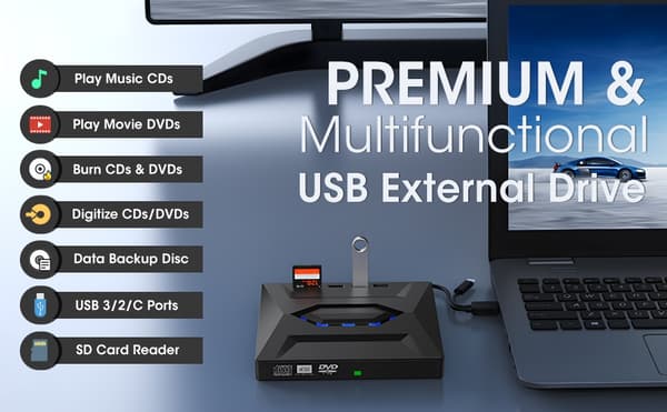 NÖRDIC Bærbar CD Brænder og afspiller samt USB-hub med SD-kortlæser 2xUSB-A 1xUSB-C