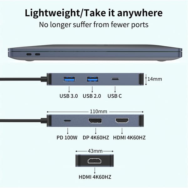 NÖRDIC USB-C 1 till 7 Dockningsstation 2xHDMI 1xDP 1xUSB-C PD100W 1xUSB-C 2xUSB-A