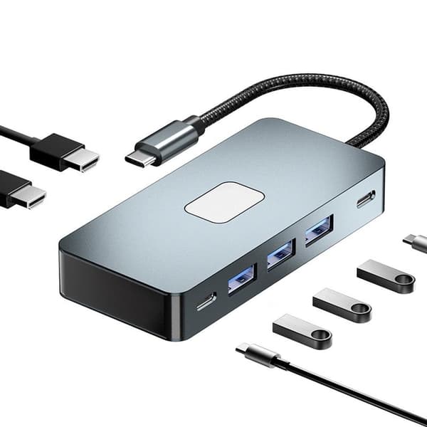 NÖRDIC USB-C 1 til 7 dockingstation 2xHDMI 4K30Hz, 3xUSB-A 3.1 5Gbps, 1xUSB-C 2.0 1xUSB-C PD100W Grey