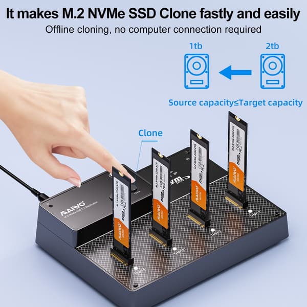 Maiwo K3015P4 4-bay M.2 NVMe SSD USB4.0 Dock, Kloner/Duplicator, Understøtter 1-til-3 Offline-kloning & Software RAID, 40Gbps kompatibel med Thunderbo