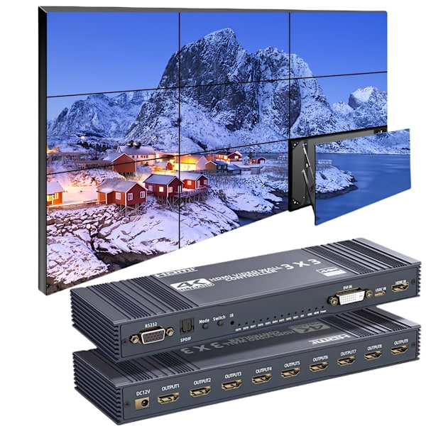 NÖRDIC Video Wall Controller 3x3, TV-væg processor, 4K@30Hz HDMI multi-skærm samlingsprocessor med HDMI + DVI + USB-C indgang