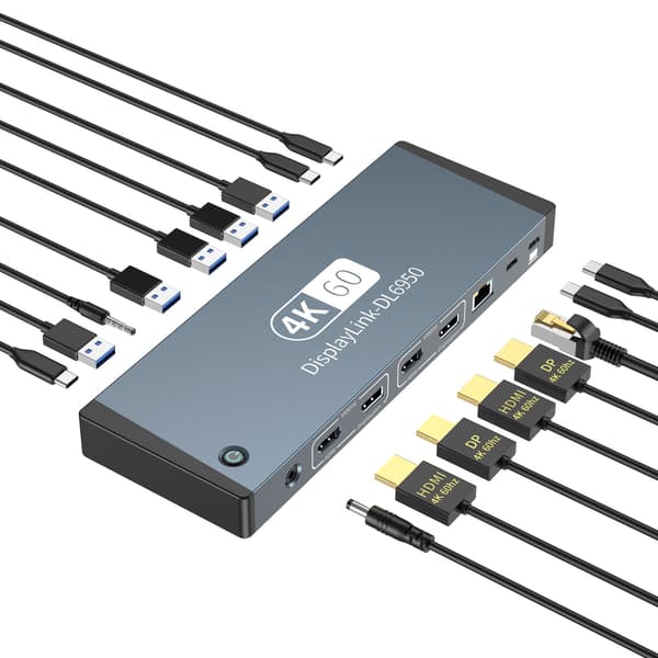 NÖRDIC USB-C DisplayLink Dockningsstation 1 til 17 Dobbelt skærme HDMI + DP, 1xUSB-C PD 100W, 1xUSB-C QC, 2xUSB-C, 1xUSB-A QC, 4xUSB-A, 1xGigaLan